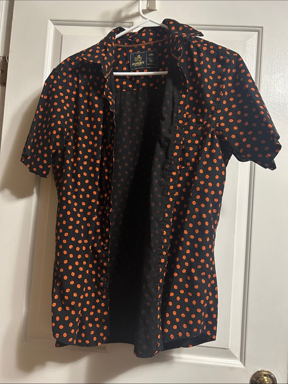 Rugby League Black Short-Sleeve Button-Down Shirt with Orange Dot Print